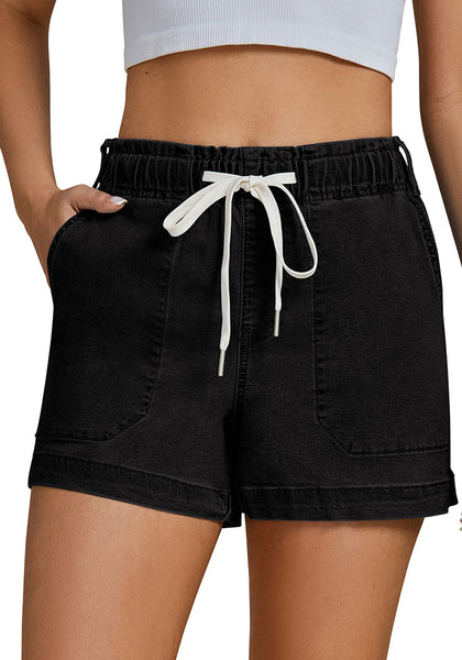 Washed Black Women's Comfy Denim Drawstring Flat Front Jean Pocket Shorts Stretch Utility Styles