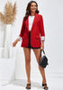 Red Women's Business Casual Pocket Notched Lapels Blazer Long Rolled Up Sleeve Blazer