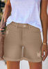 Women's Khaki High Waist Ripped Denim Shorts Rolled Hem Distressed Stretch Jeans