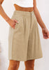 2024 Women's Khaki Linen High Waist Bermuda Shorts Regular Fit Elastic Waist Pockets Shorts