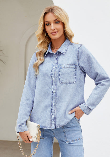 Roadknight Blue Denim Shirt For Women Button Front Blouse Broken-in  Business Casual Lightweight Long Shirt Sleeve