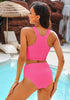 Hot Pink Women's High Waisted Two Piece Bikini Sets Textured High Neck Racer Back Swimsuits