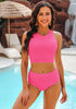 Hot Pink Women's High Waisted Two Piece Bikini Sets Textured High Neck Racer Back Swimsuits