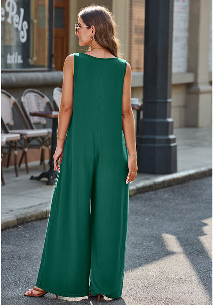 Alpine Green Women's Casual Wide Leg Sleeveless V Neckline Jumpsuits Baggy Overall With Pockets