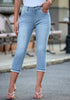 Ocean Aqua Blue Women's High Waisted Straight Leg Denim Jeans Pockets Casual Capri Pants