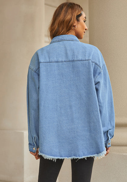 Medium Blue Womens Denim Jacket Oversized Button Down Shirts Jean Shacket Distressed Frayed Coat