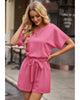 Bubblegum Pink Women Casual Short Sleeves Self-Tie Belted Short Romper Jumpsuits