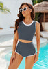 Dark Gray Women's High Waisted Two Piece Partially Lined Tankini Sets