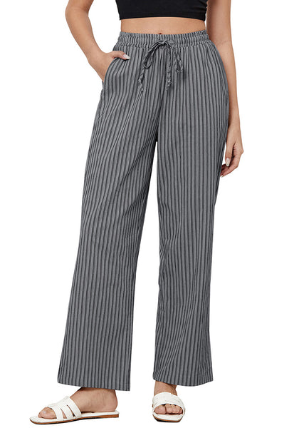 Gray Black Stripe Women's Drawstring Full Length High Waist Long Pants Wide Leg Striped Trousers