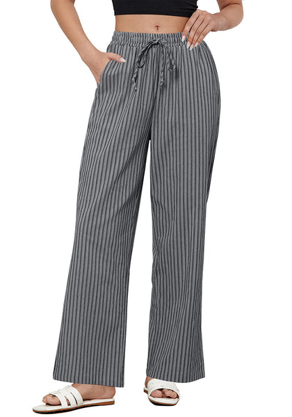 Gray Black Stripe Women's Drawstring Full Length High Waist Long Pants Wide Leg Striped Trousers
