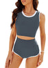 Dark Gray Women's High Waisted Two Piece Partially Lined Tankini Sets
