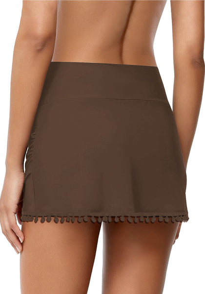 Chocolate Brown Tulip Hem Tassels Mid-Waist Ruched Swim Skirt