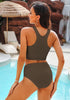 Coffee Brown Women's High Waisted Two Piece Bikini Sets Textured High Neck Racer Back Swimsuits