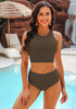 Coffee Brown Women's High Waisted Two Piece Bikini Sets Textured High Neck Racer Back Swimsuits