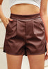 Chocolate Brown Women’s Faux Leather Shorts PU Leather Relaxed Fit Ultra High Rise Elastic Shorts
