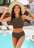 Coffee Brown Women's High Waisted Two Piece Bikini Sets Textured High Neck Racer Back Swimsuits