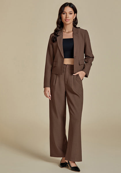 Brown Women Business Casual Outfit Button Front Long Sleeve