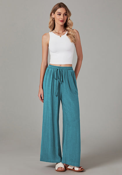 Lake Green Relaxed Fit High Waisted Elastic Waist Wide Leg Drawstring Pocket Pant