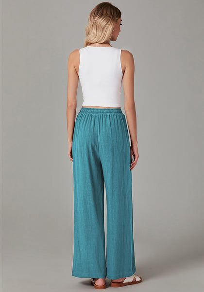 Lake Green Relaxed Fit High Waisted Elastic Waist Wide Leg Drawstring Pocket Pant