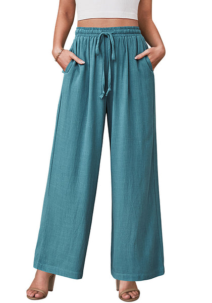 Lake Green Relaxed Fit High Waisted Elastic Waist Wide Leg Drawstring Pocket Pant