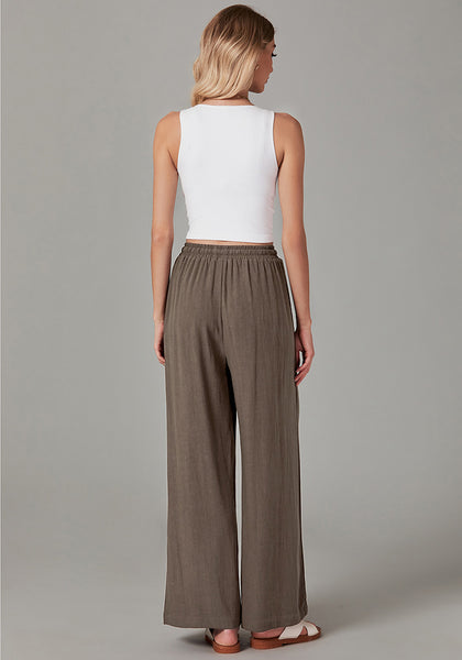 Brown Relaxed Fit High Waisted Elastic Waist Wide Leg Drawstring Pocket Pant