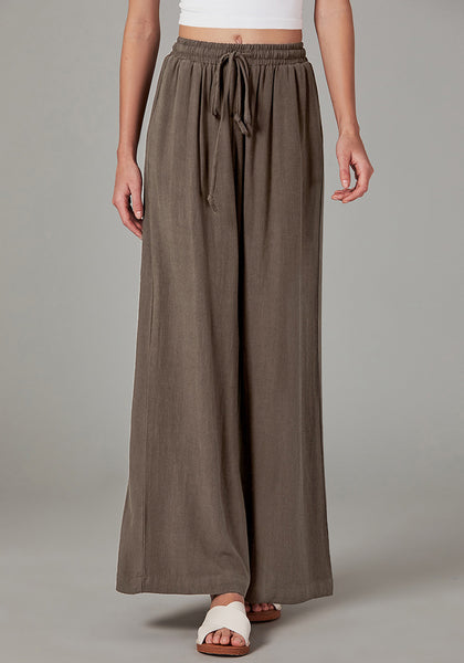 Brown Relaxed Fit High Waisted Elastic Waist Wide Leg Drawstring Pocket Pant