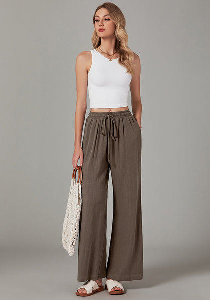 Brown Relaxed Fit High Waisted Elastic Waist Wide Leg Drawstring Pocket Pant