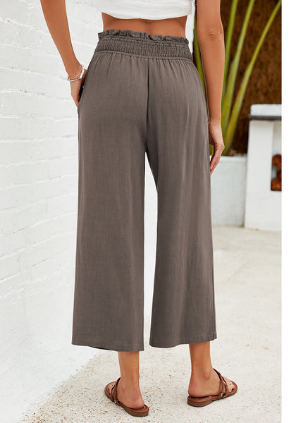 Coffee Brown Women's High Waisted Wide Leg Elastic Waist Linen Palazzo Pants Pull On Smock Waist Baggy Fit Trousers