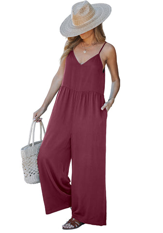 Wine Red Women's Wide Leg Sleeveless Jumpsuits Loose Fit Spaghetti Strap Jumpsuit with Pockets
