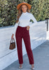 Wine Red - Women's High Rise Straight Fit Corduroy Pants Elastic Waistband Chic Autumn Winter Essential Retro