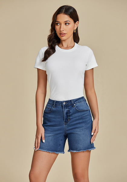 Classic Blue for Women's High Waist Denim Pull On Shorts Relaxed Fit Straight Mega Stretch