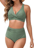 Army Green Women's High Waist 2 Piece Bikini Set with Ruched Twist Front and V-Neck Detail