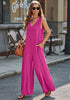 Hot Pink Women's Casual Wide Leg Sleeveless V Neckline Jumpsuits Baggy Overall With Pockets