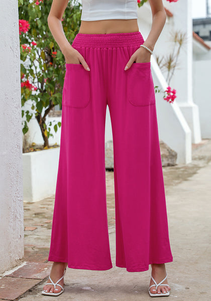 Hot Pink Women's High Waisted Wide Leg Elastic Waist Bell Bottom Baggy Palazzo Pants