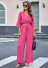 Hot Pink Women's 2 Pieces Outfits Faux Wrap Crop Top Elastic High Waisted Wide Leg Pants