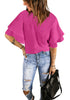 Magenta Women's Summer Blouse Casual Ruffle 3/4 Sleeve Tops Loose Shirts