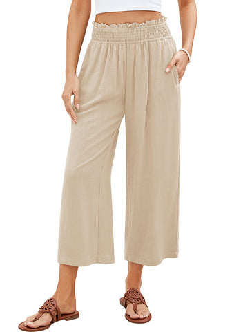 Almond Women's High Waisted Wide Leg Elastic Waist Linen Palazzo Pants Pull On Smock Waist Baggy Fit Trousers