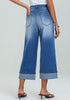 Medium Blue Women's High Waisted Wide Leg Denim Jeans Cuffed Hem Baggy Pockets Capri Pants