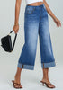 Medium Blue Women's High Waisted Wide Leg Denim Jeans Cuffed Hem Baggy Pockets Capri Pants
