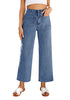 Classic Blue Women's High Waist Denim Wide Legs Jeans Pants With Front pockets