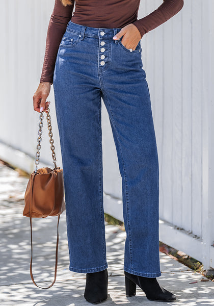 Classic Blue Trendy Wide Leg Jeans for women  Chic High Waisted Stretchy Button Front Denim Pants