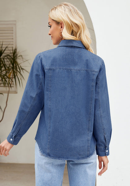 Indigo Classic Blue Women's Long Sleeve Shirt Button Front Western-inspired Urban Streetwear Denim Blouse Top