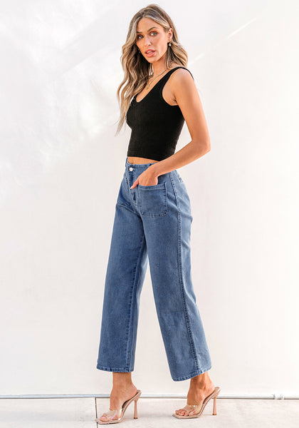 Classic Blue Women's High Waist Denim Wide Legs Jeans Pants With Front pockets