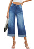 Medium Blue Women's High Waisted Wide Leg Denim Jeans Cuffed Hem Baggy Pockets Capri Pants