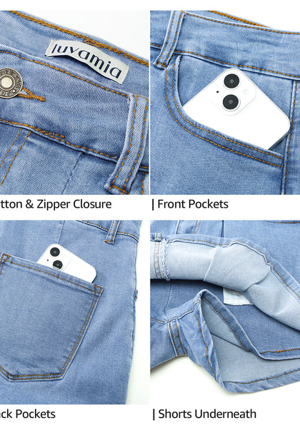 Medium Blue Women's High Waisted Denim Shorts Button Front Casual Denim Skorts With Pocket