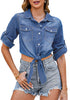 Classic Blue Women's Trendy 3/4 Sleeve Button Down Crop Top Denim Jacket Shirt Tie