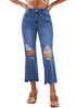 Medium Blue Women's Crop Destroyed Flare High Waisted Denim Jeans Stretch Regular Fit