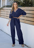 Navy Blue Women's 2 Pieces Outfits Faux Wrap Crop Top Elastic High Waisted Wide Leg Pants