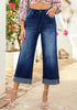 Women's High Waisted Wide Leg Denim Jeans Cuffed Hem Baggy Pockets Capri Pants