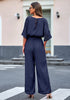 Navy Blue Women's 2 Pieces Outfits Faux Wrap Crop Top Elastic High Waisted Wide Leg Pants